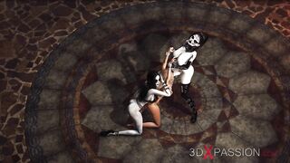 Two shemale witches play with a hot blonde in the castle