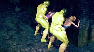Three Lewd Girls Fuck with Goblin in the back Alley
