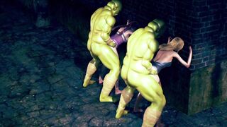 Three Lewd Girls Fuck with Goblin in the back Alley