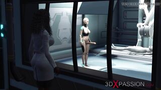 Sexy sci-fi female android fucks an alien in space station