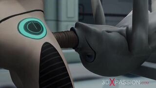 Sexy sci-fi female android fucks an alien in space station