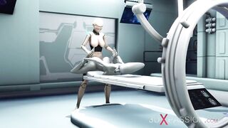 Sexy sci-fi female android fucks an alien in space station