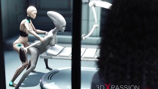 Sexy sci-fi female android fucks an alien in space station