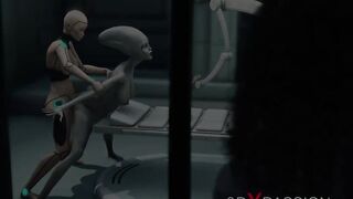 Sexy sci-fi female android fucks an alien in space station
