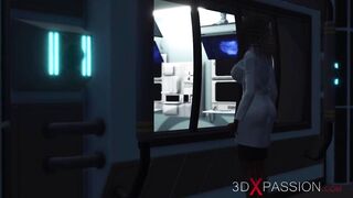 Sexy sci-fi female android fucks an alien in space station