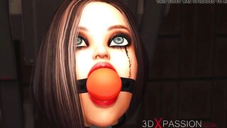 Ballgagged sexy girl in restraints and woman with strapon