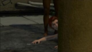 Short haired redhead takes 2 cocks in the alley
