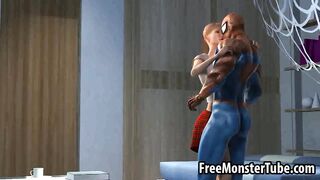 3D blonde babe gets her pussy licked by Spiderman