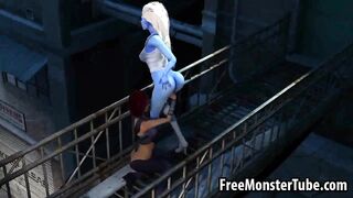 3D cartoon blue lesbian babe getting licked outdoors