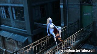 3D cartoon blue lesbian babe getting licked outdoors