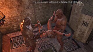 Hot sex! Beast men fuck a sex cuffed slave in restraints in the dark dungeon