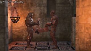 Hot sex! Beast men fuck a sex cuffed slave in restraints in the dark dungeon