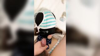 Japanese Boy, Cumshot on Missionary to Big Boobs Love Doll in Japanese Uniform