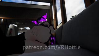 Purple Busty Cat Girl in Undies gives Foot Job POV Lap Dance on Couch under Boob