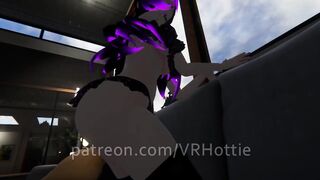 Purple Busty Cat Girl in Undies gives Foot Job POV Lap Dance on Couch under Boob