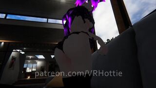 Purple Busty Cat Girl in Undies gives Foot Job POV Lap Dance on Couch under Boob