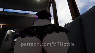 Purple Busty Cat Girl in Undies gives Foot Job POV Lap Dance on Couch under Boob