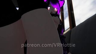 Purple Busty Cat Girl in Undies gives Foot Job POV Lap Dance on Couch under Boob