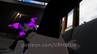 Purple Busty Cat Girl in Undies gives Foot Job POV Lap Dance on Couch under Boob