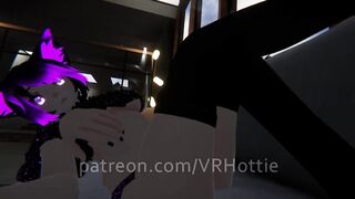Purple Busty Cat Girl in Undies gives Foot Job POV Lap Dance on Couch under Boob