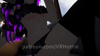 Purple Busty Cat Girl in Undies gives Foot Job POV Lap Dance on Couch under Boob