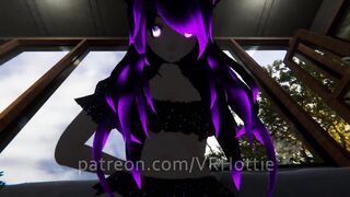 Purple Busty Cat Girl in Undies gives Foot Job POV Lap Dance on Couch under Boob
