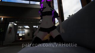 Purple Busty Cat Girl in Undies gives Foot Job POV Lap Dance on Couch under Boob