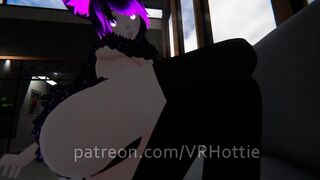 Purple Busty Cat Girl in Undies gives Foot Job POV Lap Dance on Couch under Boob