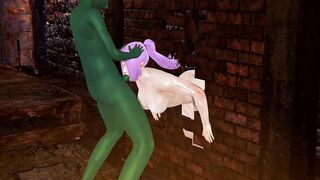 Ogre Shion Stuck in the Wall and Goblin Fucked her Face
