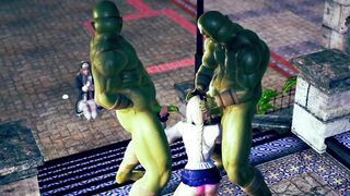 Beautiful Princess Threesome with Big Monsters in Public