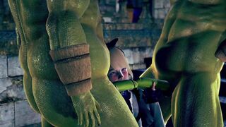 Beautiful Princess Threesome with Big Monsters in Public