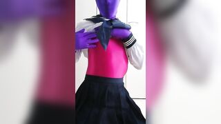 Japanese Zentai Crossdresser taking off Sailorset School Uniform