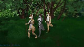 3d hentai cartoon bdsm, femdom cowgirl, threesome in furry forest