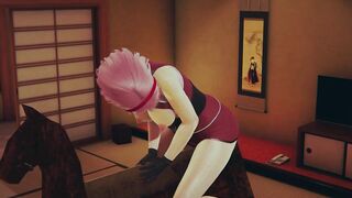 Sakura rubs her pussy on a wooden horse for bdsm