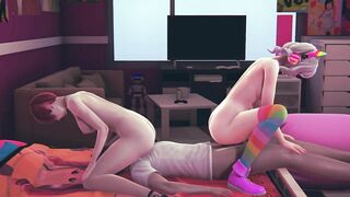 Two gamer girls fuck one guy until he cums