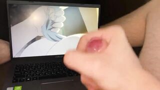 The guy jerks off on hentai and sweetly cums