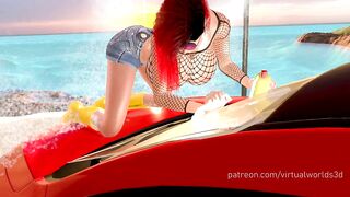 Woman in red shirt carwash breast expansion