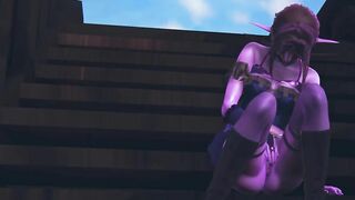 Purple elf masturbates her pussy on the deck of a ship