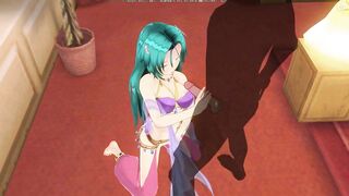 3D HENTAI Girl with blue hair touches her pussy and jerks off a big cock