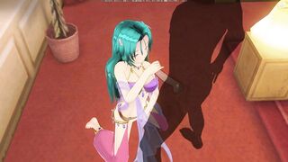 3D HENTAI Girl with blue hair touches her pussy and jerks off a big cock