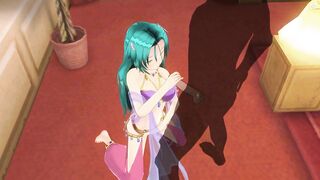 3D HENTAI Girl with blue hair touches her pussy and jerks off a big cock