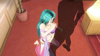 3D HENTAI Girl with blue hair touches her pussy and jerks off a big cock