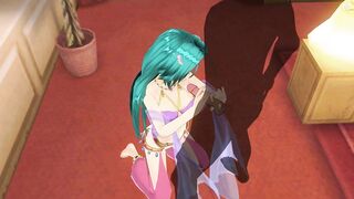 3D HENTAI Girl with blue hair touches her pussy and jerks off a big cock