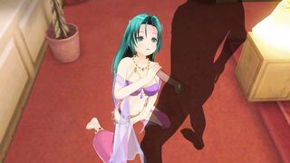 3D HENTAI Girl with blue hair touches her pussy and jerks off a big cock