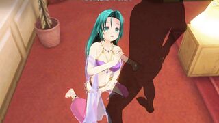 3D HENTAI Girl with blue hair touches her pussy and jerks off a big cock