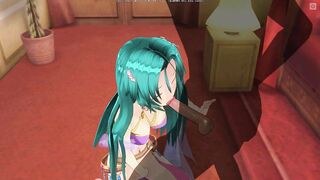 3D HENTAI Girl with blue hair touches her pussy and gives blowjob