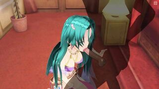 3D HENTAI Girl with blue hair touches her pussy and gives blowjob