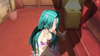 3D HENTAI Girl with blue hair touches her pussy and gives blowjob
