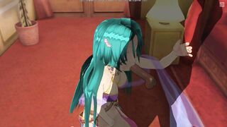 3D HENTAI Girl with blue hair touches her pussy and gives blowjob