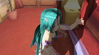 3D HENTAI Girl with blue hair touches her pussy and gives blowjob